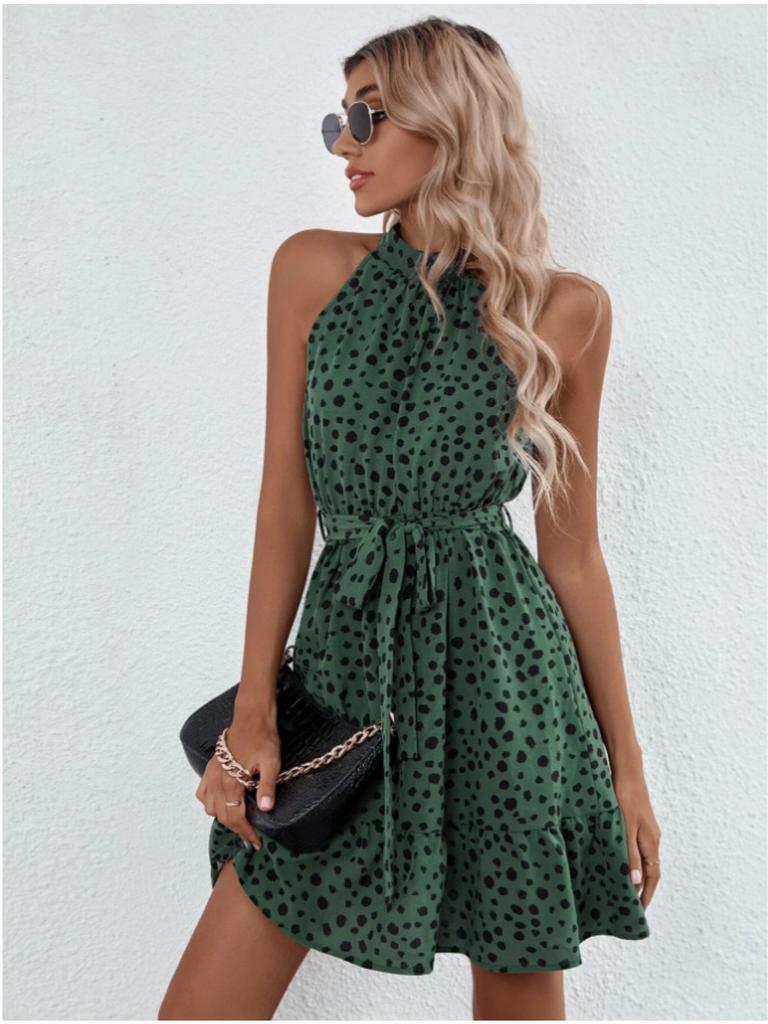 Halter Neck Round Dot Dress Lace Up Ruffle Edge Dress Sleeveless Chiffon Dresses Causal Women Dress