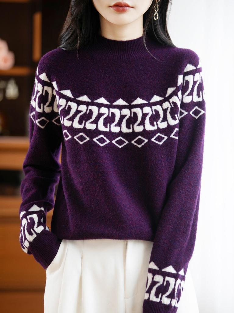 Женский винтажный свитер Fair Isle 100% шерсть мериноса с высоким воротником - Свободный, модный, с цветовыми блоками, вязаный