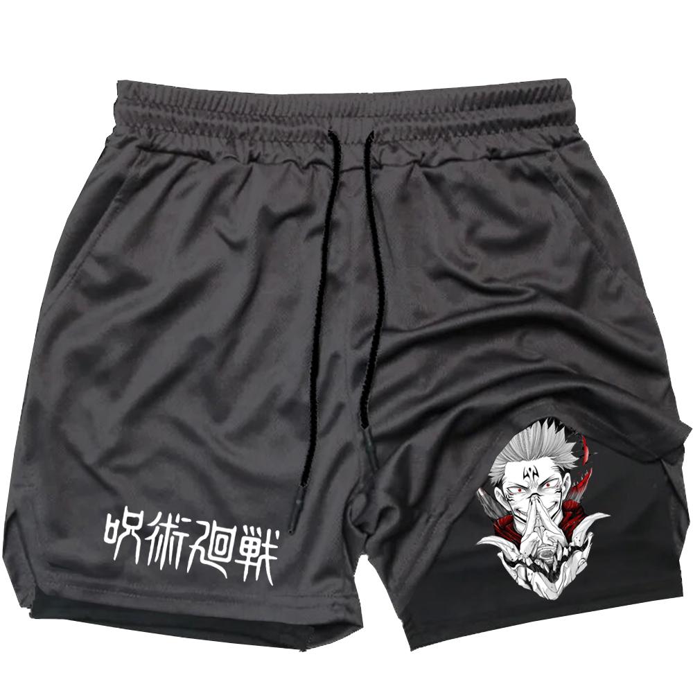 Компрессионные шорты в стиле аниме, летняя спортивная одежда, мужские спортивные шорты для тренажерного зала 2 в 1, мужские шорты для фитнеса и фитнеса