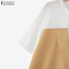 ZANZEA Женская повседневная блузка с круглым вырезом, летняя, с коротким рукавом, в стиле пэчворк