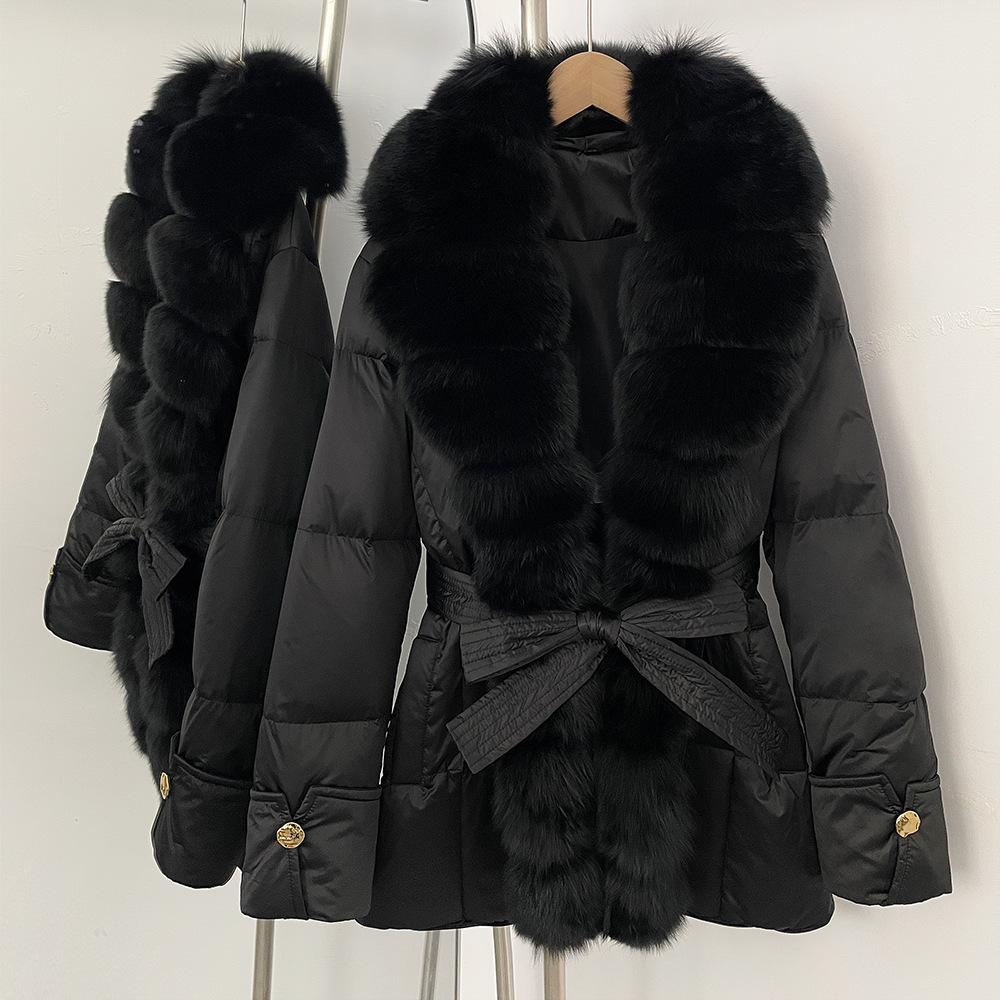 Oversized натуральный воротник из меха лисы зимняя новая пуховая куртка женская шнуровка на талии высококачественная экстравагантная пуховая куртка с мехом