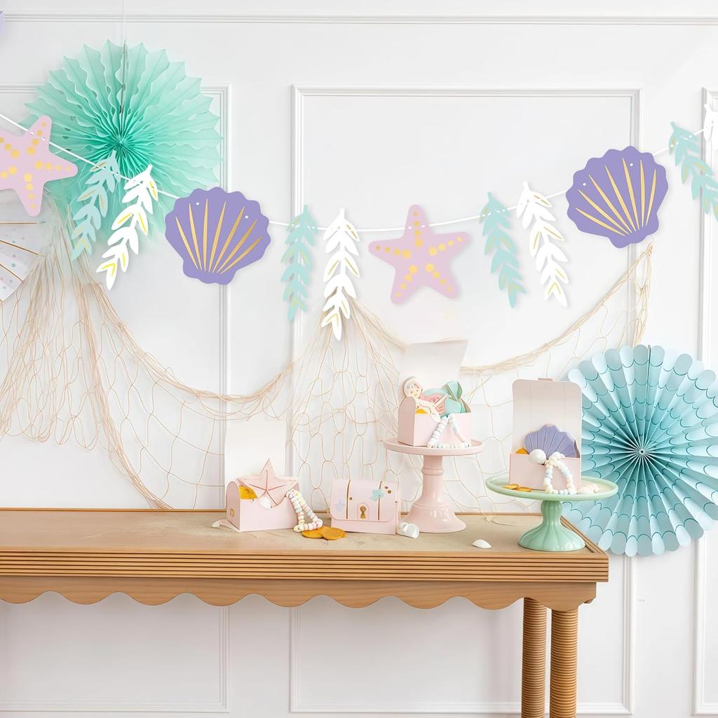 Pre-Strung Starfish Sea Shell Banner For Under The Sea Mermaid Birthday Party Decorations Ocean Coastal Nautical Bachelorette Beach Wedding Garland