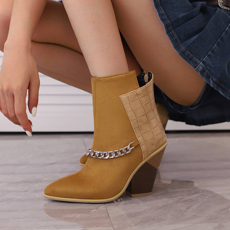 Krazing Pot Polyurethane Autumn Winter Shoes 47 Size 48 Super Size Wedges Pointed Toe Metal Chains Mid-calf Boots