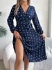 V Neck Printed Overlapping Dress Waist Hugging  Elegant Pleats Wave Point Dress for Women Long Sleeve Loose Dresses Causal Dress
