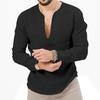 Мужская повседневная рубашка-henley из смешанного льна с глубоким V-образным вырезом, длинным рукавом, свободного кроя, однотонная