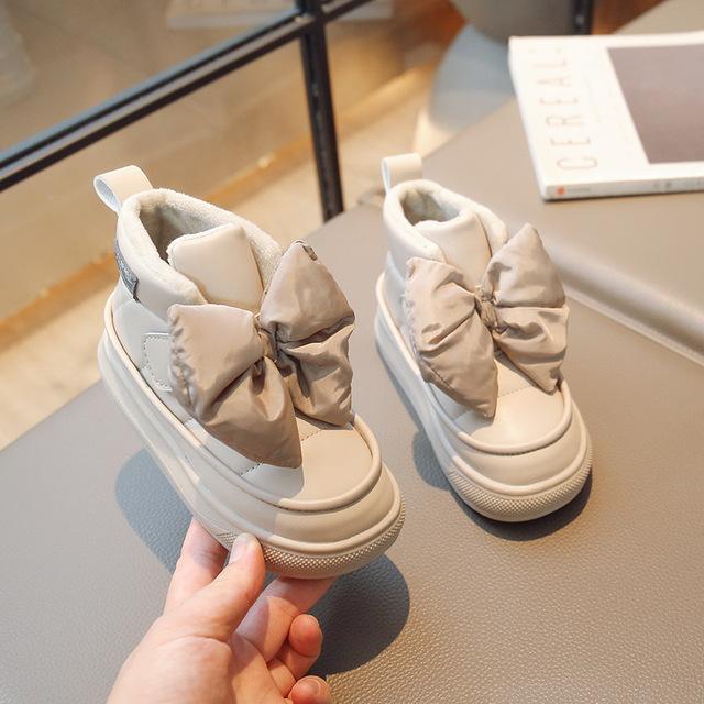 Зимние детские зимние сапоги для девочек, модные дизайнерские ботинки принцессы с большим галстуком-бабочкой, детская теплая обувь из плотного хлопка с застежкой на крючок