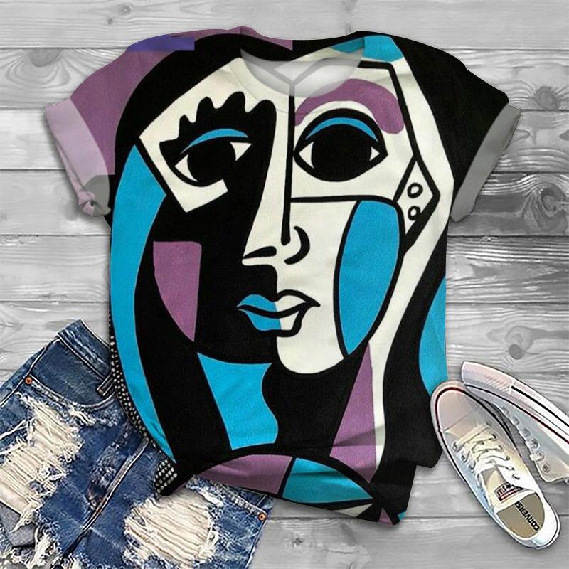 Summer Abstract Face 3D Print T-shirt Women Short Sleeve T Shirts Harajuku Streetwear Tees Oversized Y2k Tops Woman Clothing