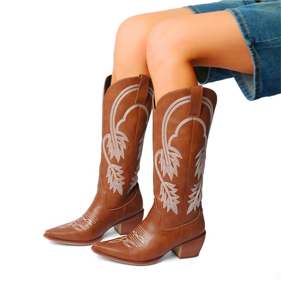 FOREADA Женские ковбойские сапоги до колена, с острым носком, на массивном высоком каблуке, с вышивкой, в стиле вестерн, сапоги гого, женская модная обувь, зима, красные