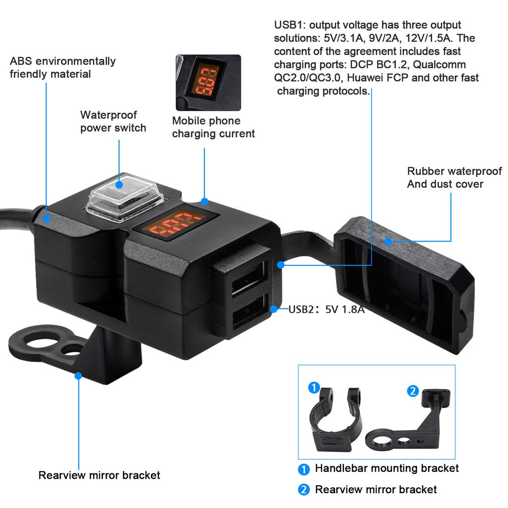 Мотоциклетный электромобиль USB зарядка мобильного телефона водонепроницаемый переключатель интегрированный руль зеркало заднего вида, 9-32 В