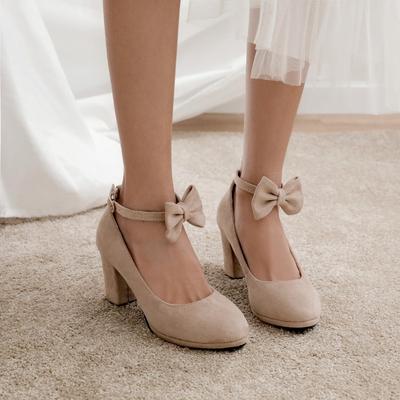 Туфли-лодочки женские на высоком каблуке с ремешком на щиколотке и милым бантом, из флока, на толстом каблуке, Мэри Джейн, женская обувь для вечеринок, размеры 33-43