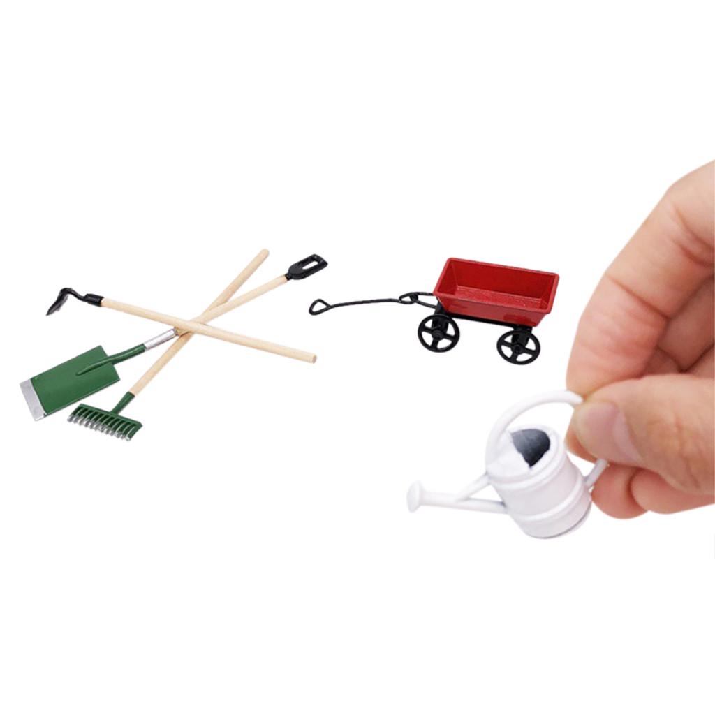 (H0826)Миниатюрный кукольный домик 1/12, набор садового оборудования, инструменты, лейка, красная тележка