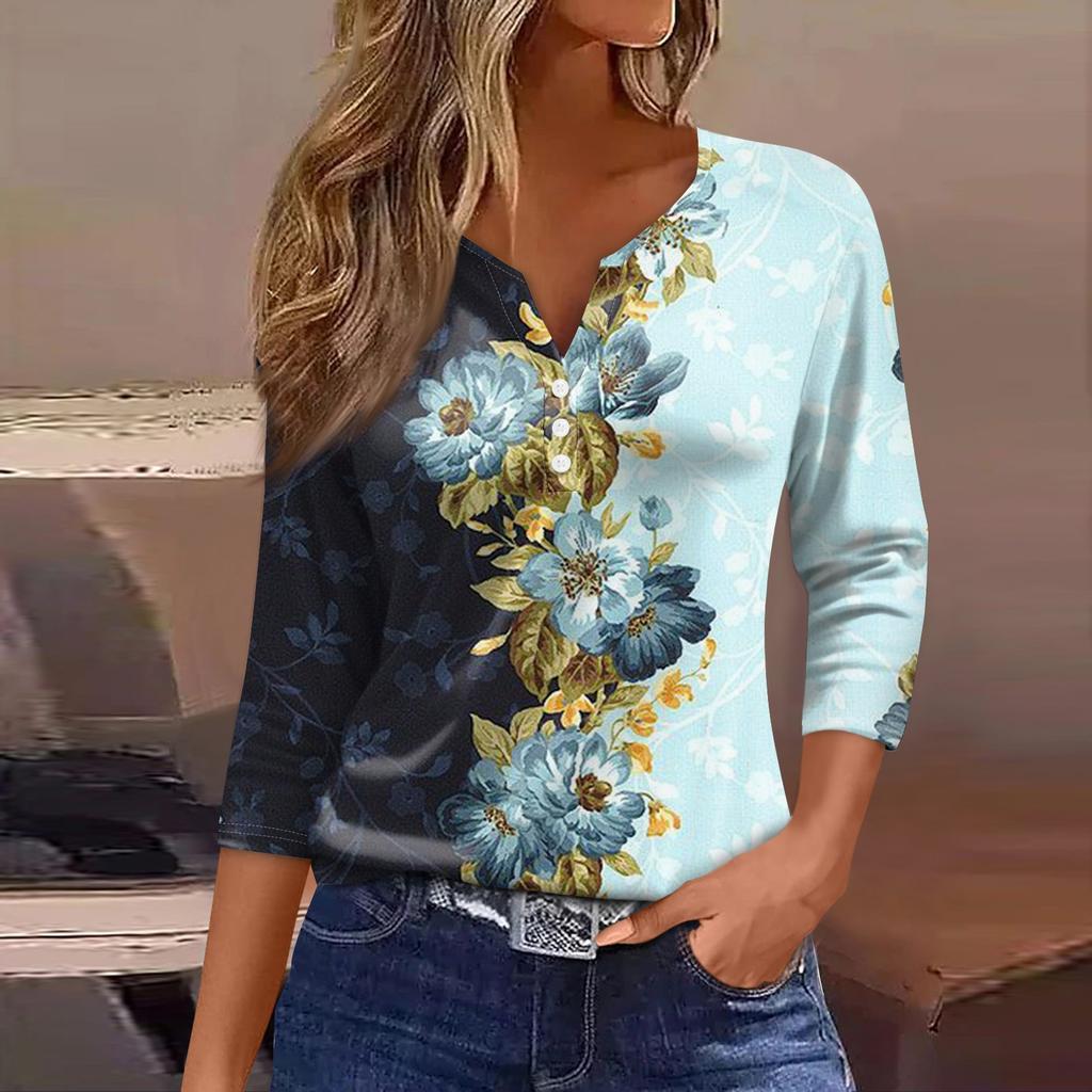 Women's T Shirt Tee Print Button 3/4 Sleeve Daily Weekend Fashion Basic V Neck Regular Top