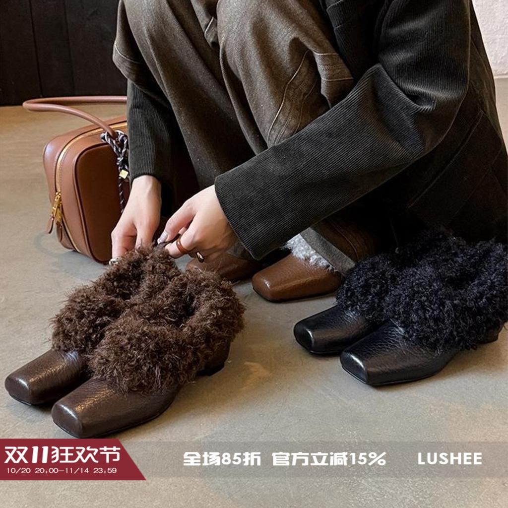 Версия из овчины, высококлассные пушистые туфли с квадратным носком, женские туфли из натуральной кожи и бархата, теплые хлопковые туфли с утолщенной подошвой, одинарные туфли Мэри Джейн, маленькие кожаные