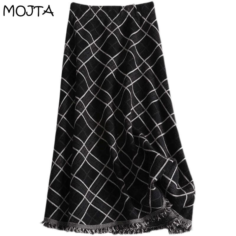 Женская осенне-зимняя вязаная юбка средней длины с кисточками и высокой талией, клетчатая юбка