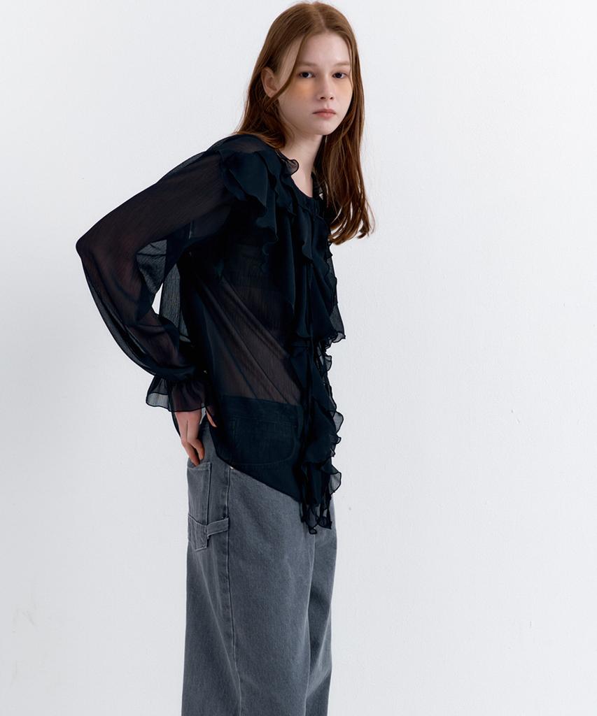 RAVEROUS See-Through Frill Blouse Black