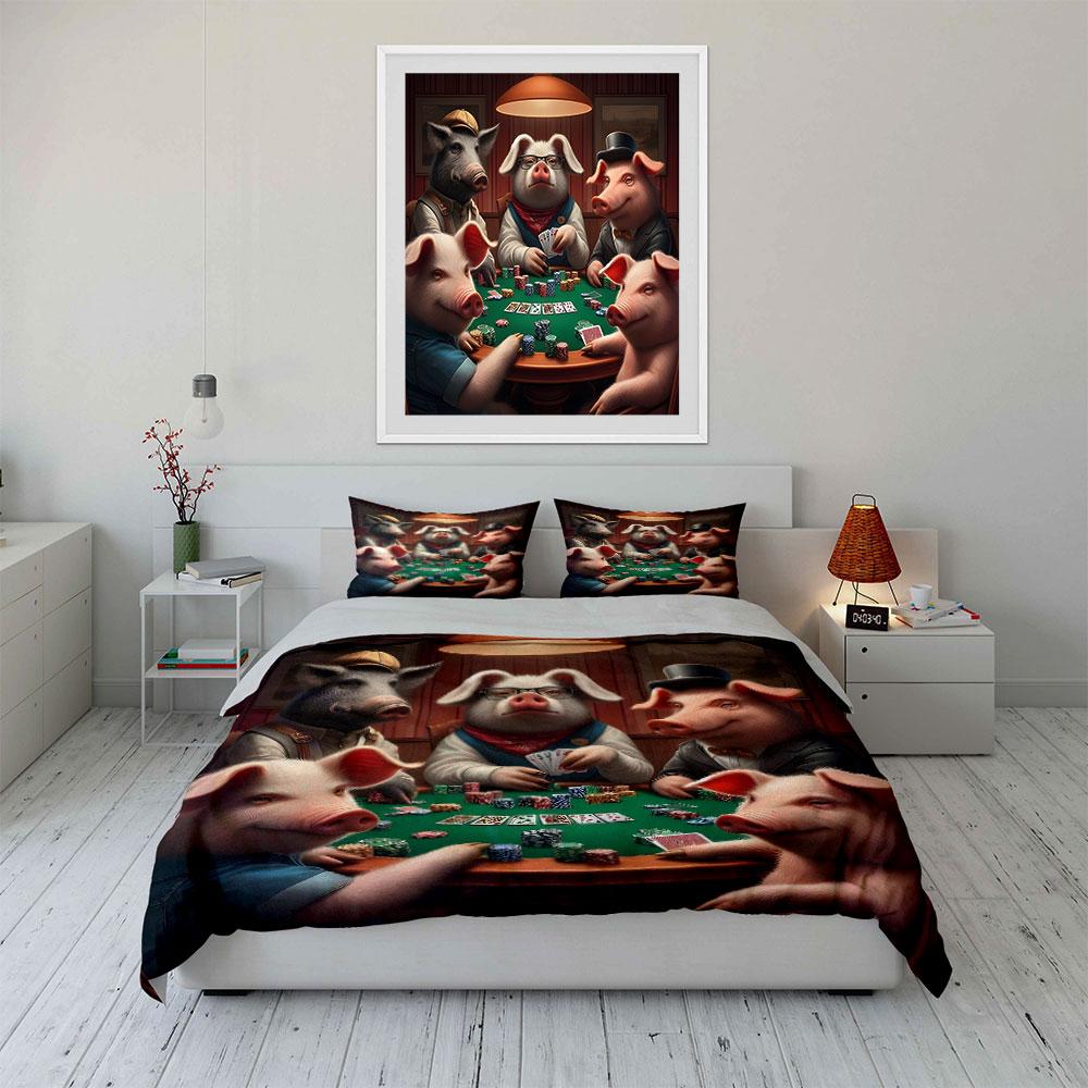 Poker-Playing Pigs Artwork Bedding Duvet Cover Set (1*Duvet Cover 2*Pillowcases, without duvet insert)