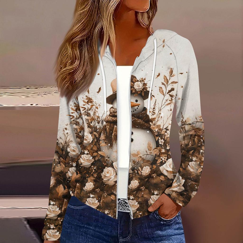 Женская модная повседневная куртка с капюшоном на молнии с рождественским принтом и длинными рукавами