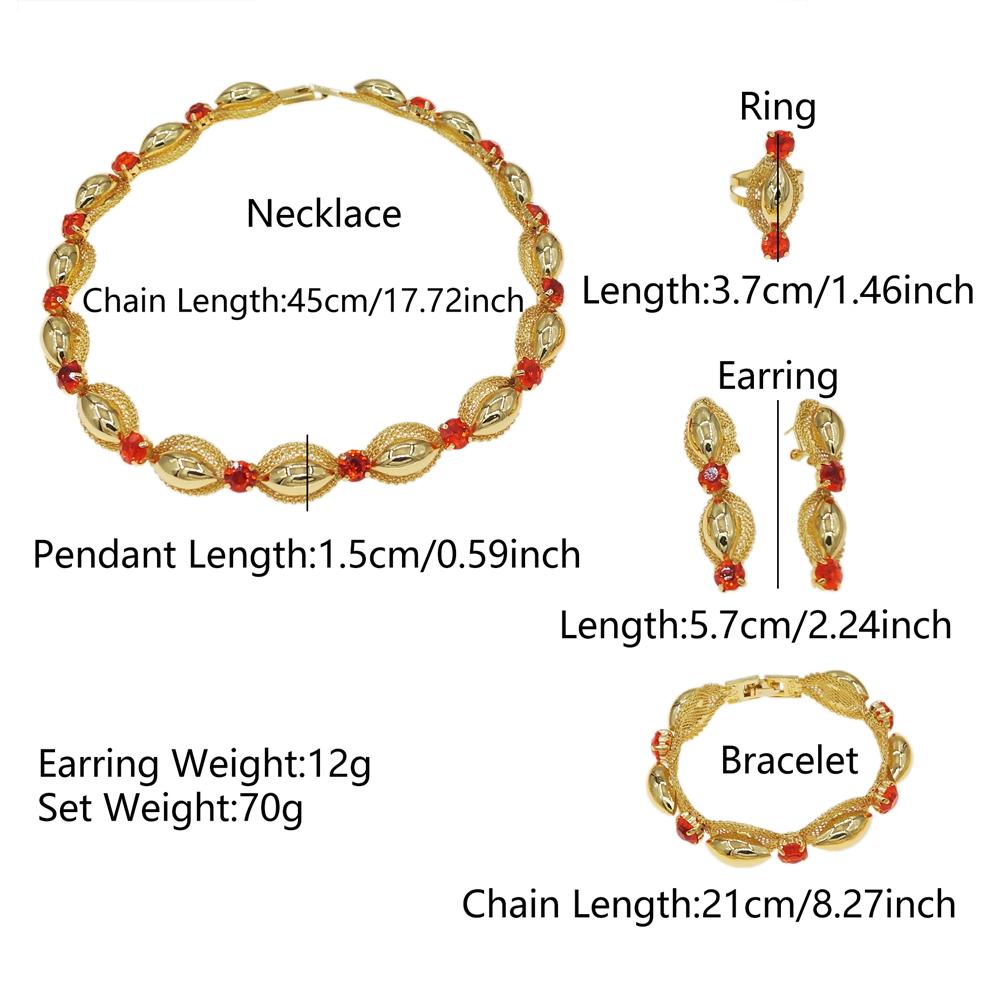 Gold Plated 4Pcs Jewelry Set, Red Crystal & Mesh Bead Necklace Bracelet Earrings Ring for Women Wedding Party