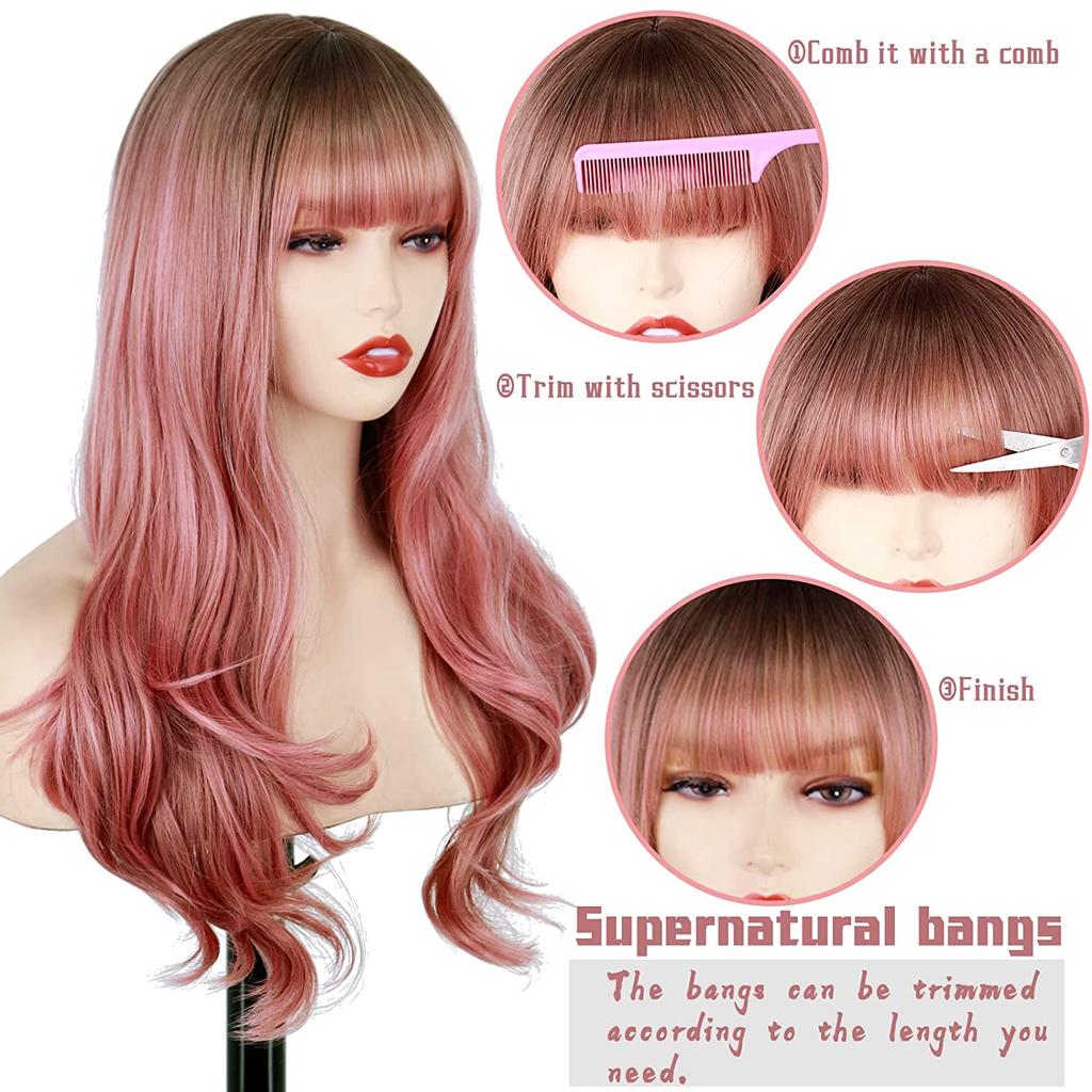 MISSQUEEN Длинный розовый парик с челкой, длинный волнистый парик, розовые парики с эффектом омбре для женщин, термостойкие синтетические женские парики для косплея для повседневного использования (Омбре Розовый)