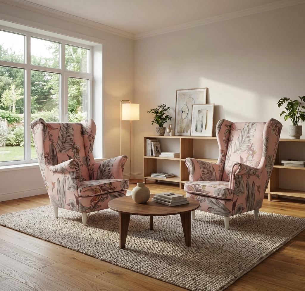 Skandinavisches Ohrensessel-Set Ari Print, Florale Muster, Velours, Wellenfedern, Family Meble