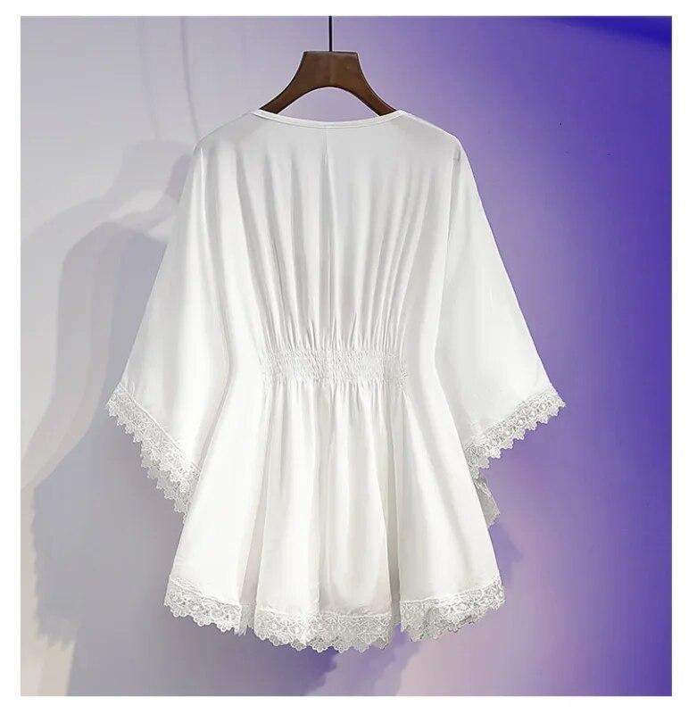 Женские летние футболки большого размера, рубашки с вышивкой в стиле бохо, верхняя одежда с накидкой, свободная кружевная рубашка с рукавами «летучая мышь», кимоно, рубашка Blusa Feminina