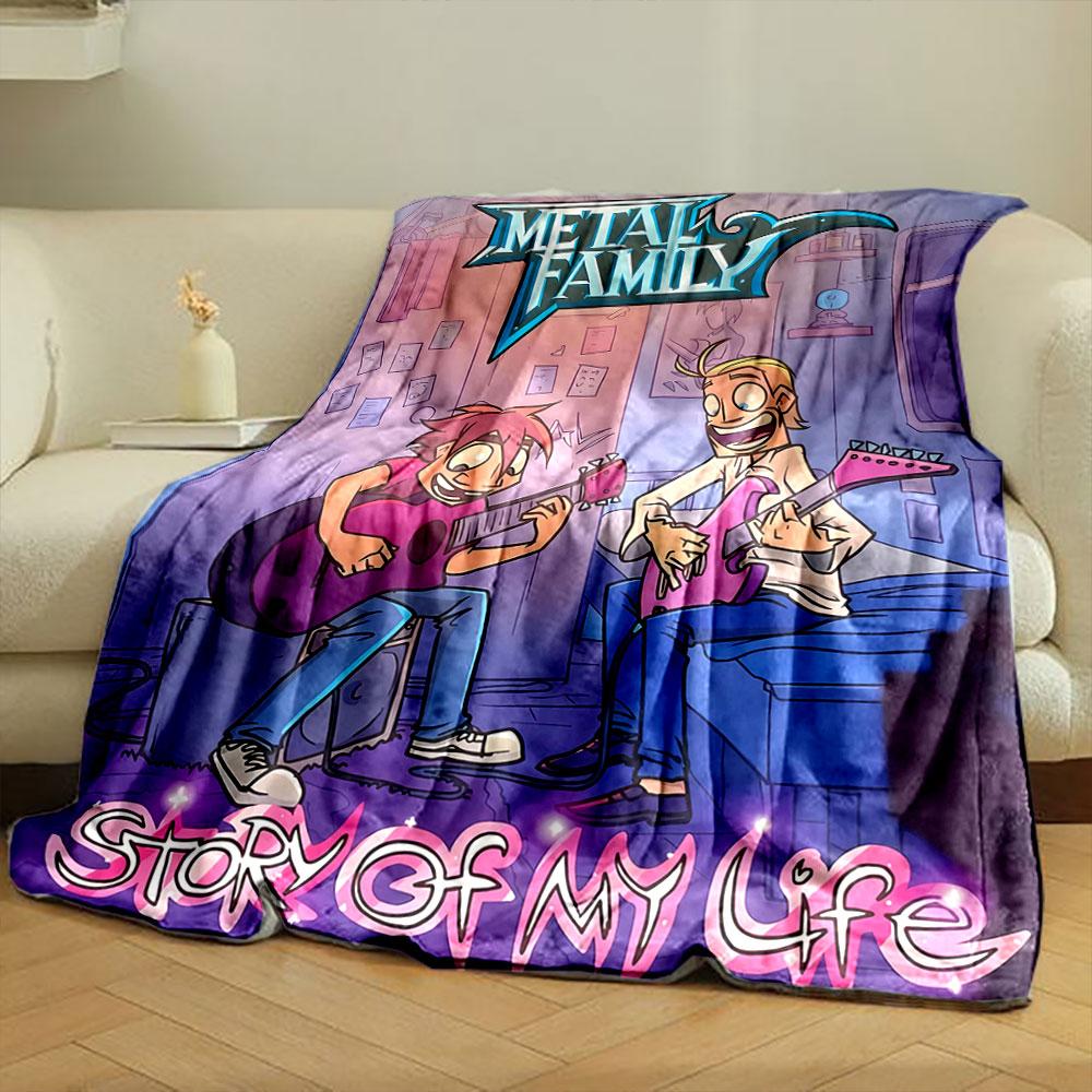 Two characters joyfully playing guitars in a cozy room setting. for all seasons blanket lunch break throw gift