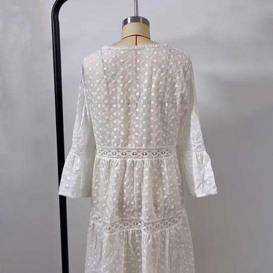 Женское платье, кружевное, с открытой вышивкой, с рукавами три четверти, однотонное, свободное, до колена, свободное, трапециевидное, с круглым вырезом, миди-платье