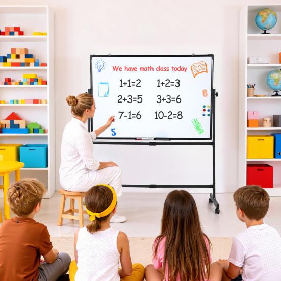 Magnetic Standing Mobile Easel Board Rolling Dry Erase Board, 40 x 28 Inch Large Whiteboard, Height Adjustable Double Sided Style White with Stand for