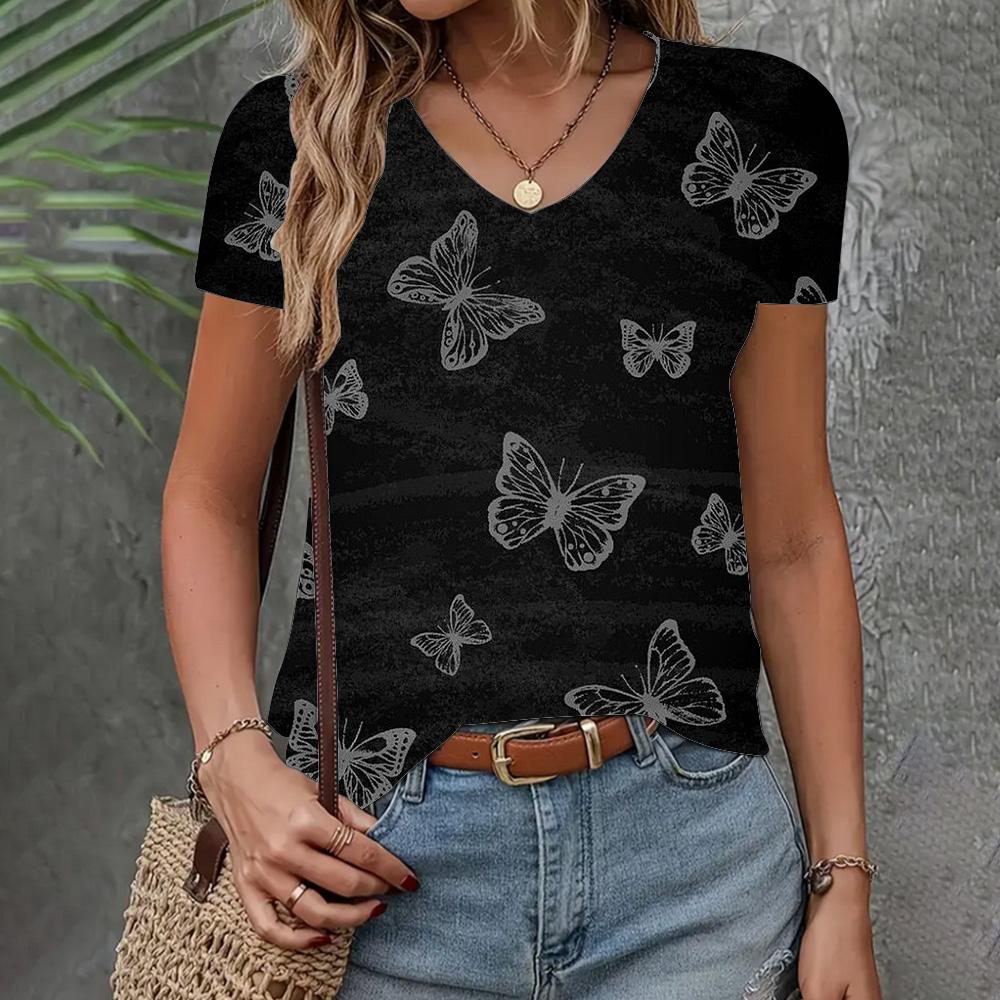 Summer V-neck 3D Butterfly Printed Top Fashionable Casual Short Sleeved Women's T-shirt