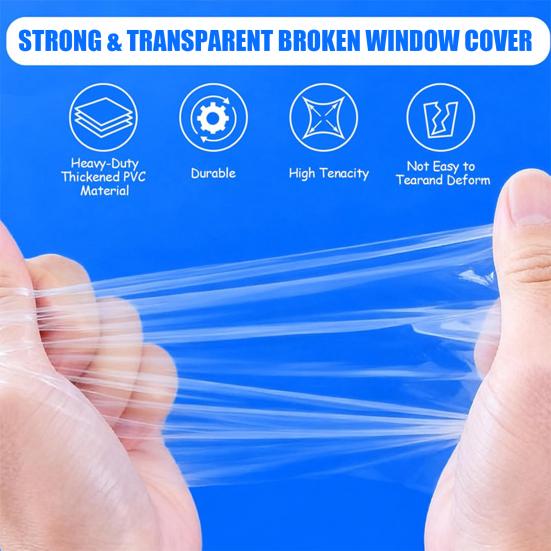 Broken Window Cover with Nanometer Double-Sided Tape Pre-Cut Transparent PVC Car Window Covering Film Broken Glass Replacement Temporary Car Glass Fix