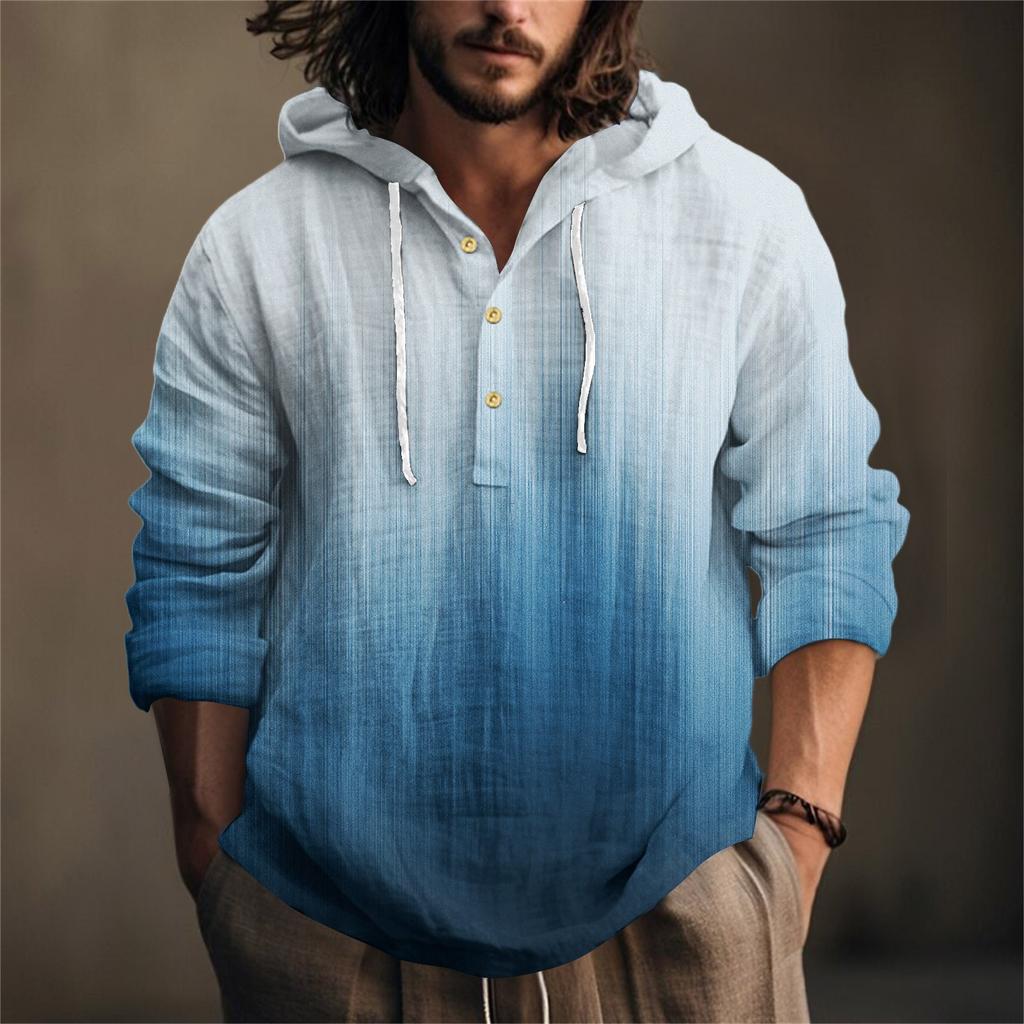 Printed Men's Cotton And Linen Shirt Hooded Long-sleeved Hooded Spring And Summer Casual Daily Wear