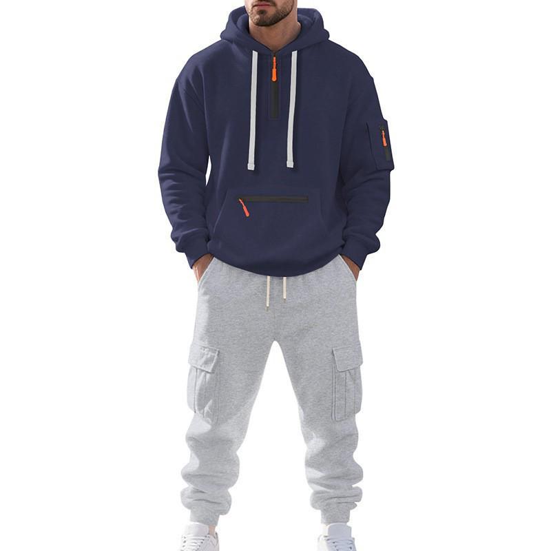 2025 Men's European Size Winter Loose Casual Sports Multi-Pocket Workwear Set with Plus Velvet