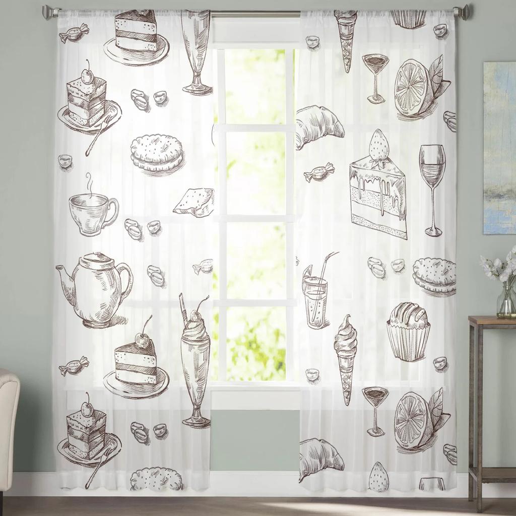 Afternoon Tea Cake Dessert White Window Curtain for Living Room Home Decor Tulle Voile Curtain for Kitchen Bedroom Window