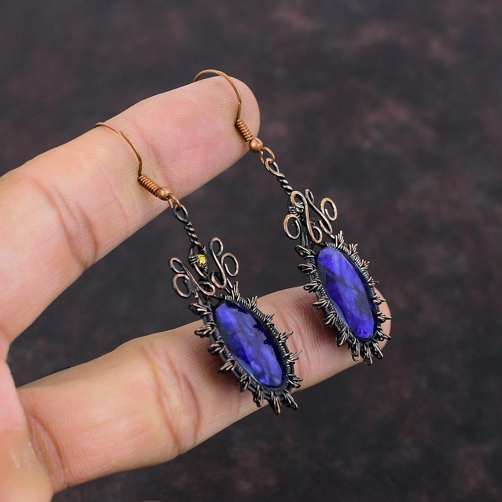 Серьги с граненым синим сапфиром, серьги из медной проволоки, серьги ручной работы, ювелирные изделия из драгоценных камней, ювелирные изделия из медной проволоки, уникальные серьги, подарок для мамы