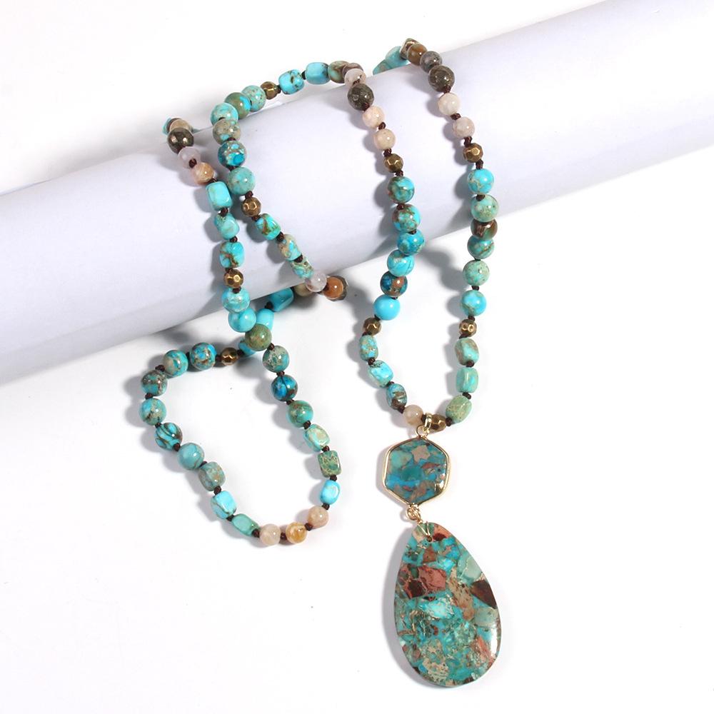 Стильная богемная многоцветная knotted necklace с камнем императора, шестиугольным и подвеской в форме капли