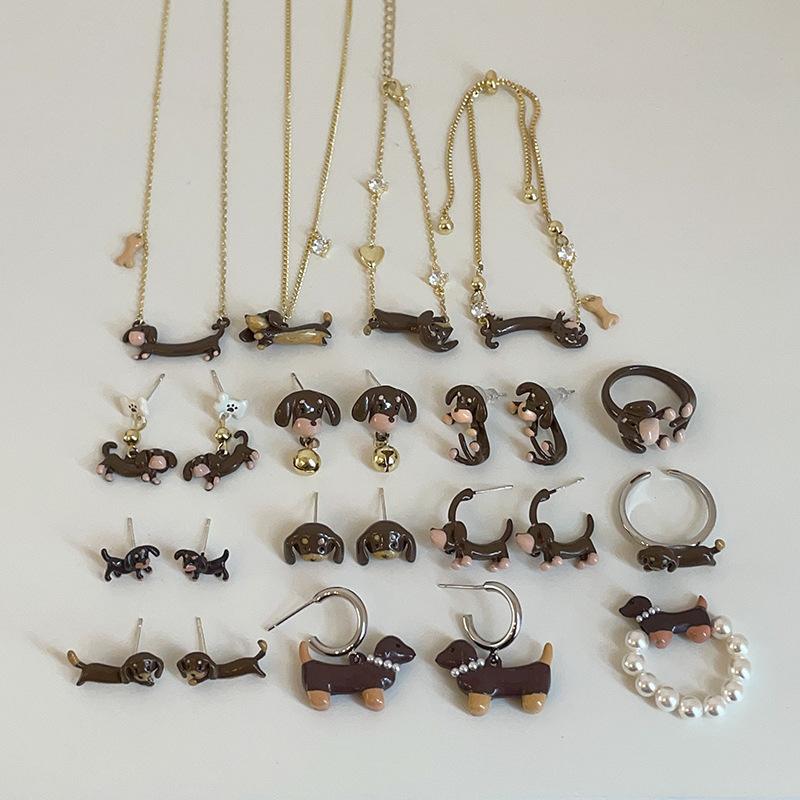 Ожерелье с изображением мультяшной таксы, серьги-гвоздики, коллекция, женская, милая, изысканная, модная, универсальная, цепочка на шею, цепочка на свитер