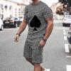 Men's Summer Leisure Sports Running Set Oversized Men's Refreshing Top Y2K Style Printed 3D Poker Pattern Fashion Set