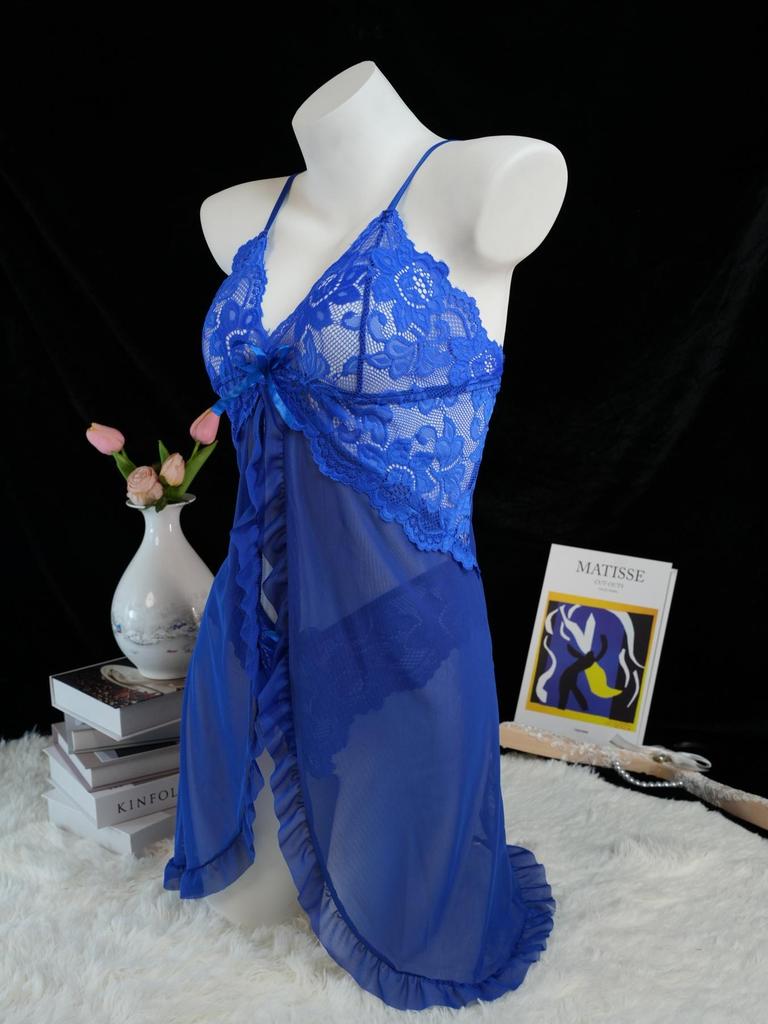 Тонкий стиль стринги контрастная кружевная отделка оборками комплект нижнего белья глубокий V платье-комбинация вещь женское сексуальное нижнее белье Lenceria Mujeres темно-синий