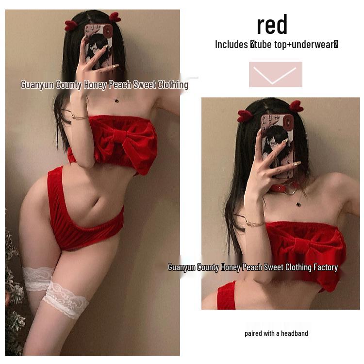 Christmas Red Lingerie Set - Sexy Bow Bandeau & Panties 