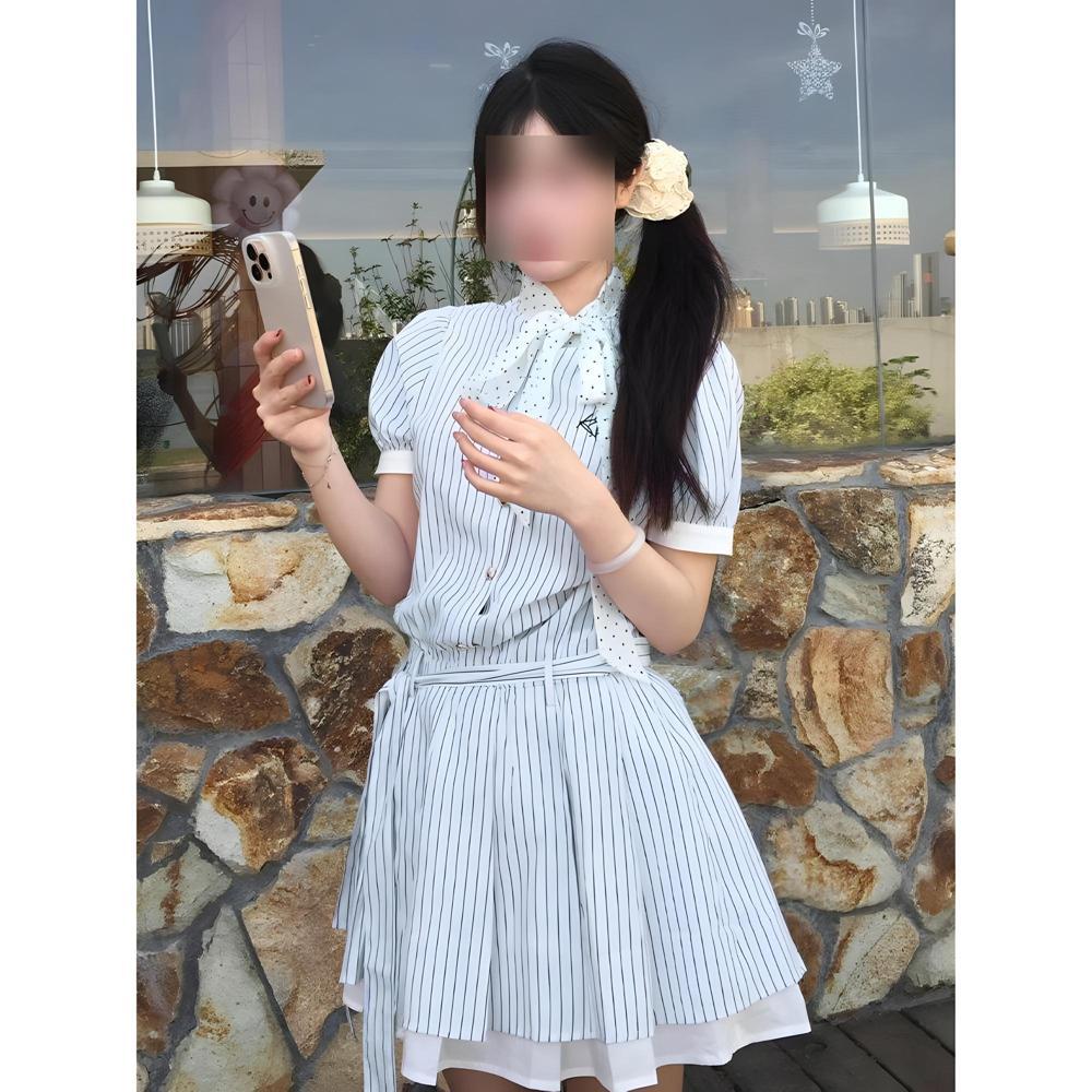 Sweet College Style Striped Shirt Dress Women's Summer Casual Style New Popular Beautiful Waist Skirt