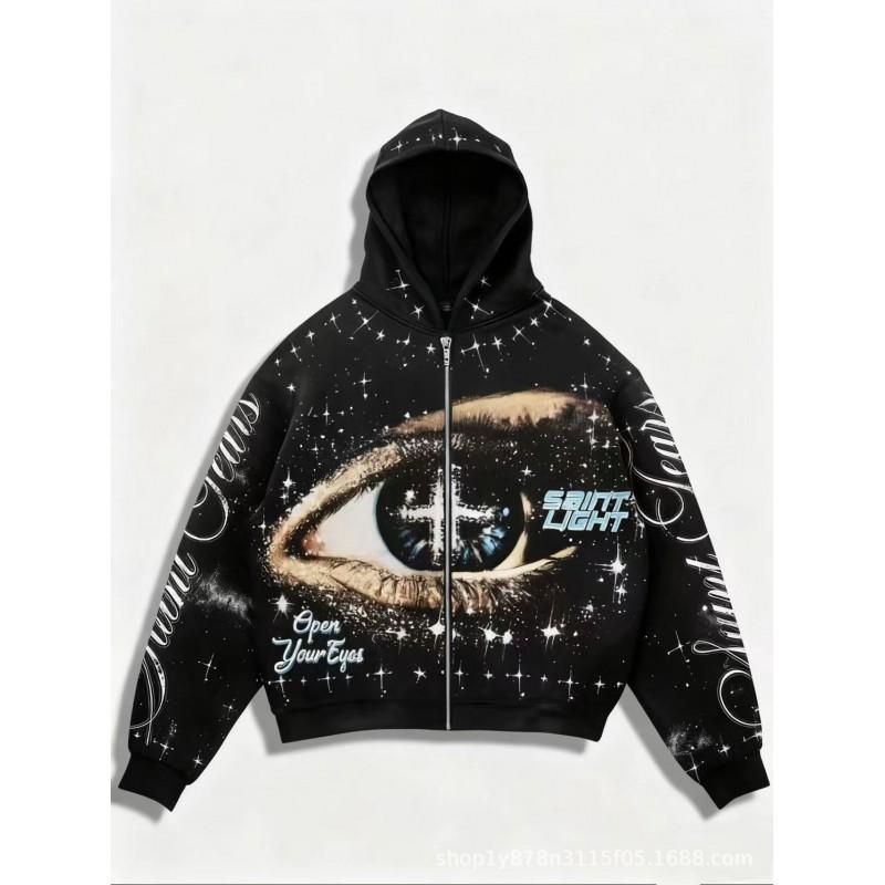 3D Printed Starry Eye Oversized Zip Hoodie Streetwear Unisex Women
