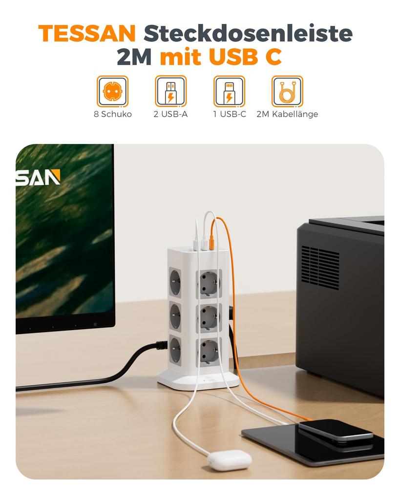 Tessan Удлинитель Tower с несколькими вилками, вертикальная розетка с переключателем, розетки 8/12, 3 порта USB, кабель 2 м, защита от перенапряжения для домашнего офиса
