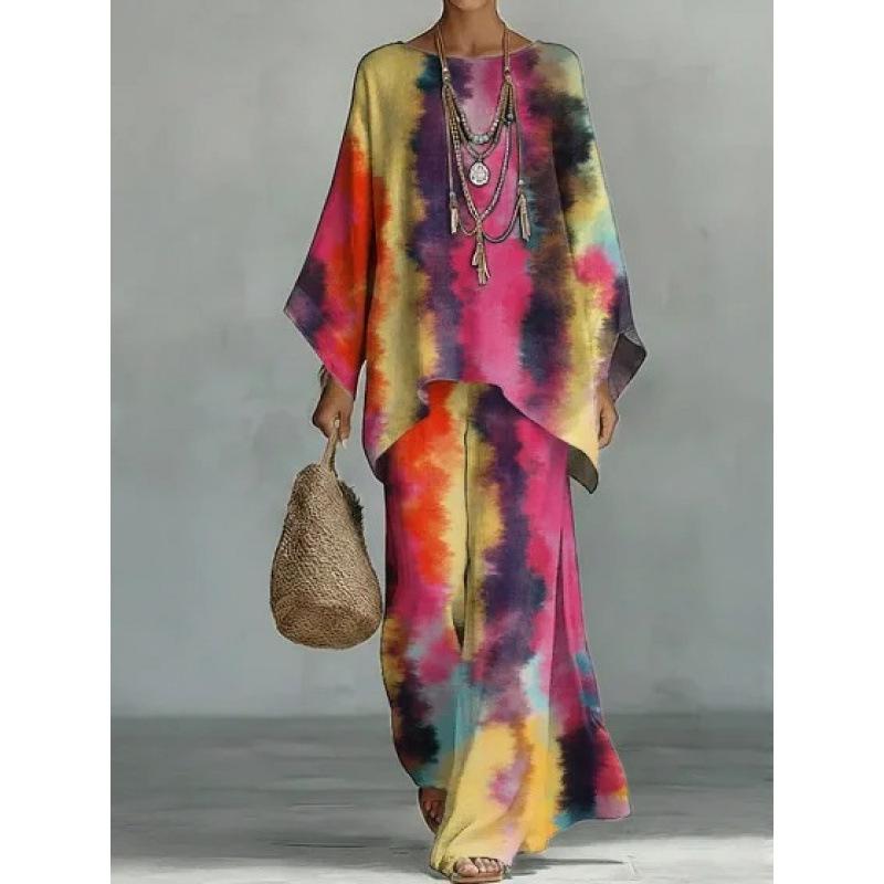 16 European and American artistic sense abstract graffiti casual suit round neck bat sleeve top + wide leg pants loose two-piece set