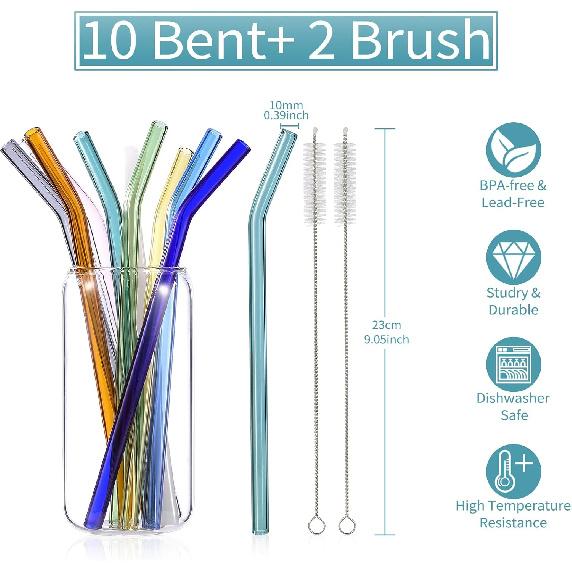10 Pcs Reble Bent Glass Drinking Straws,9''x10 mm Colorful Glass Straws for Beverages, Shakes, Milk Tea, Juices,Set of 10 Bent with 2 Cleaning
