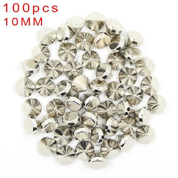 100 шт., 10 мм, конусные пластиковые шипы и шпильки, 2 отверстия, пришить CCB, кожаные заклепки, серебристый, золотой, черный, в стиле панк, поделки своими руками для сумок