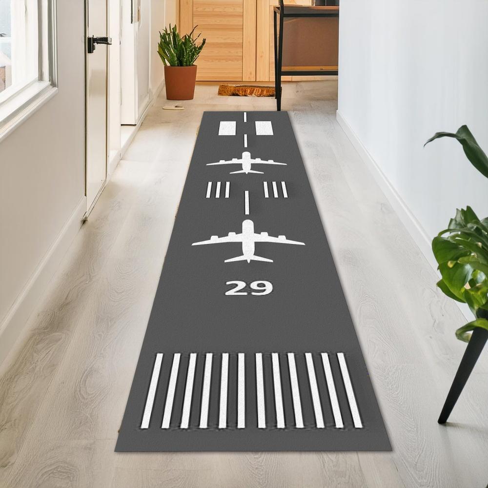 Airplane Runway Long Runner Rug Non Slip Washable Kitchen Mat Black Based Aircraft Graphic Hallway Corridor Entryway Carpet