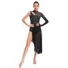 Women Asymmetrical Lyrical Dance Dress S-XXL - Mock Neck Cutout Sheer Mesh Patchwork Shiny Rhinestones Side Split Dancewear