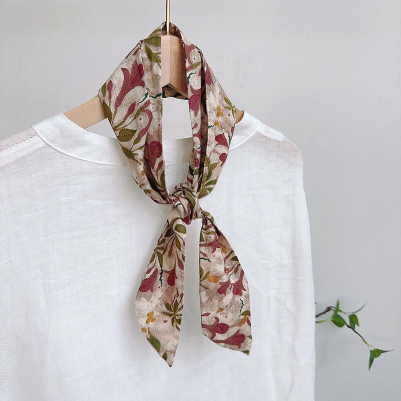 Spring Summer Floral Print Cotton Skinny Scarf Women Soft Neckerchief Hairband Lady Headband Bagscarf Female Neck Ties