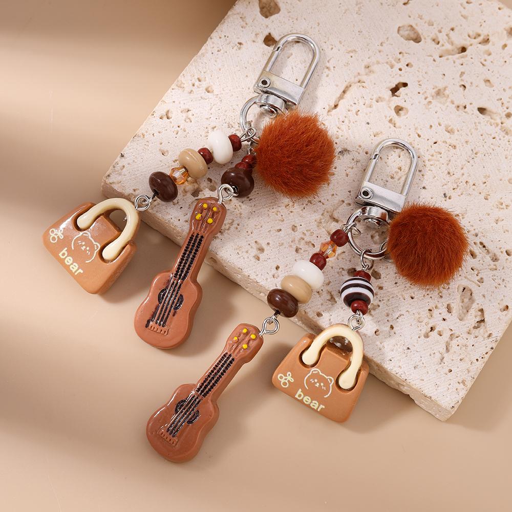 New Resin Simulation Guitar Keychain Fluffy Ball Key Ring Pendant for Women Girls Handbag Decor DIY Key Chain Jewelry Gift