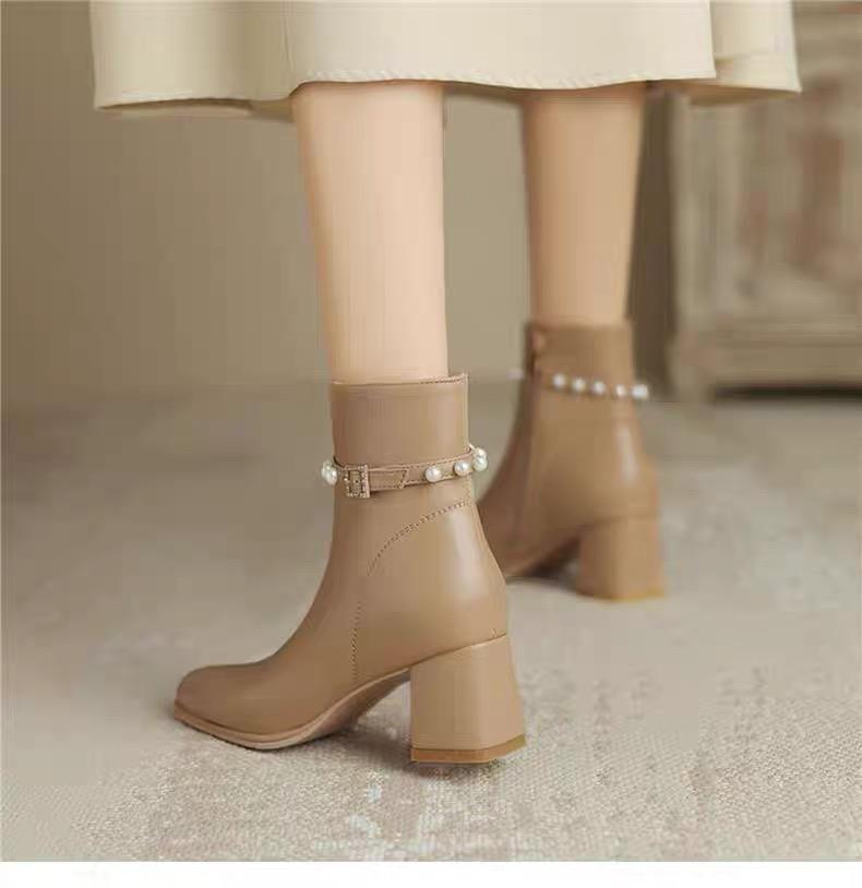Fashion Boots for Ladies Non-Slip Outdoors Solid Color 2024 New Autumn Winter Women's Ankle Boots Leather Pearl Decoration Boots